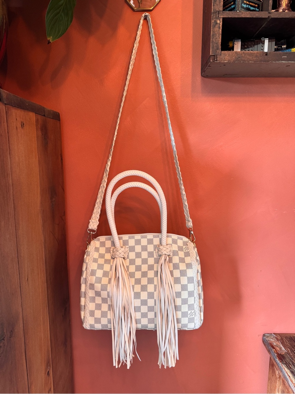 Louis Vuitton Ivory Checkered Satchel with Tassel Accents